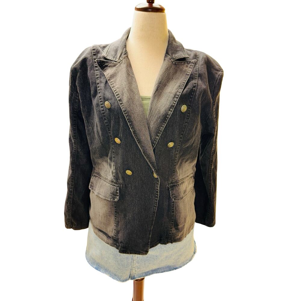 Vintage 90s Black Denim Blazer XL Shoulder Pads‎ Stretch Oversized Grunge